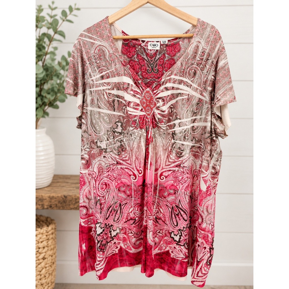 Cato Tunic Top Women 22/24W Pink Paisley Beaded V-Neck Short Sleeve